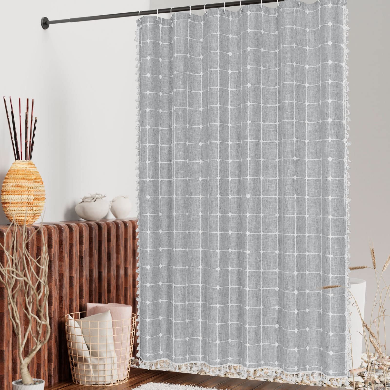 Mitovilla Grey Boho Extra Long Shower Curtain 72 X 84, Modern Farmhouse 84 Inch Xl Cotton Linen Texture Tassel Fabric Shower Cur